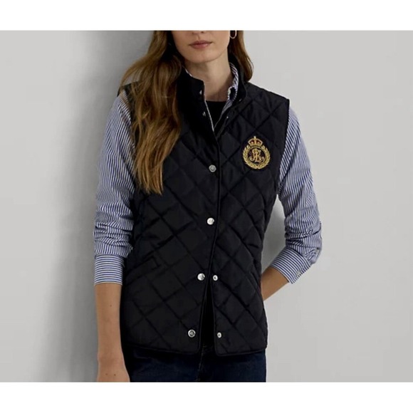 Ralph Lauren Jackets & Blazers - Ralph Lauren Women's Black Quilted Vest Crest Logo Preppy Style Black LARGE NEW